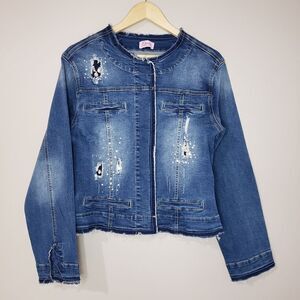 Elissia Large Y2K Blue Distressed Raw Hem Beaded Jean Jacket